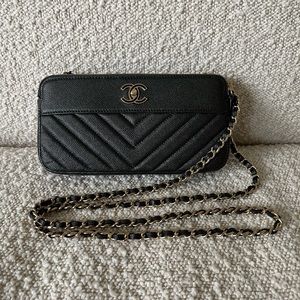 Chanel caviar double zip clutch with chain